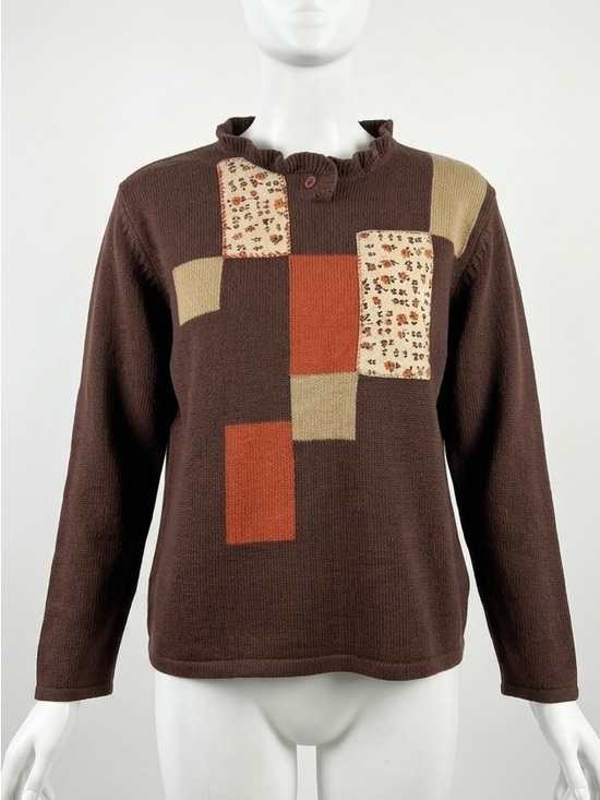 Tops - Cannelle Vintage Style Patchwork Wool Blend Sweater Brown Floral Patch M